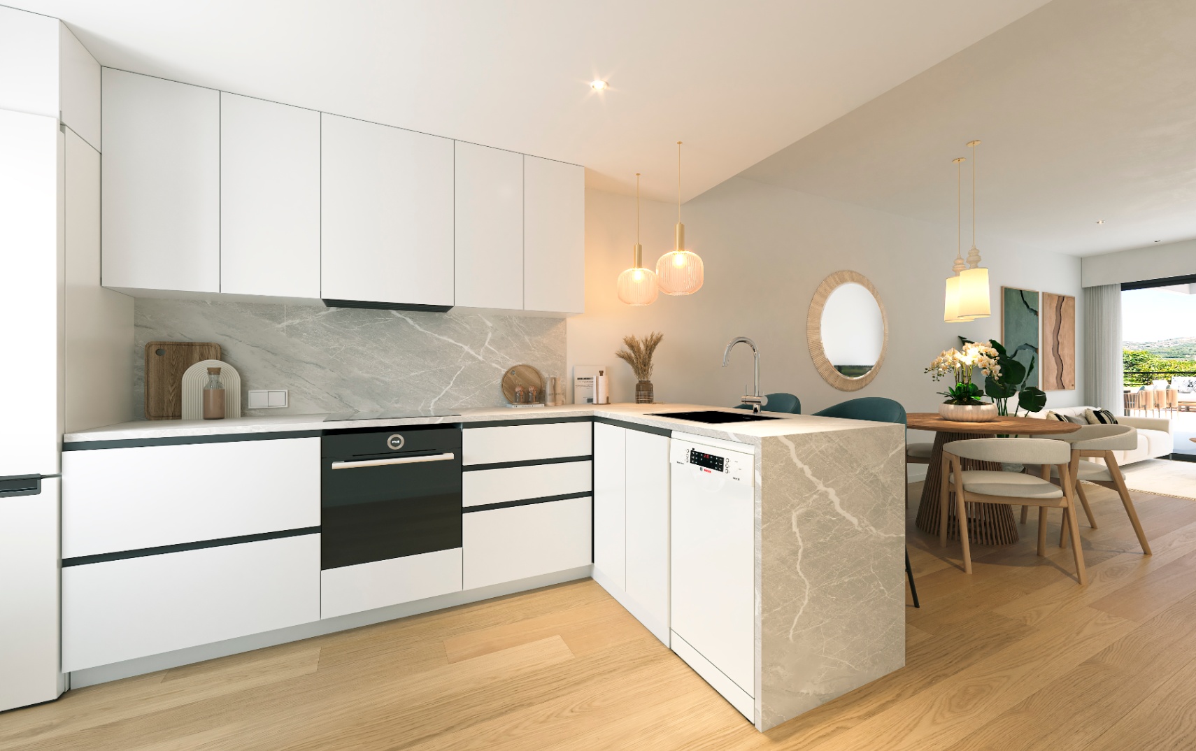 Moderne woningen tussen de zee en de bergen.