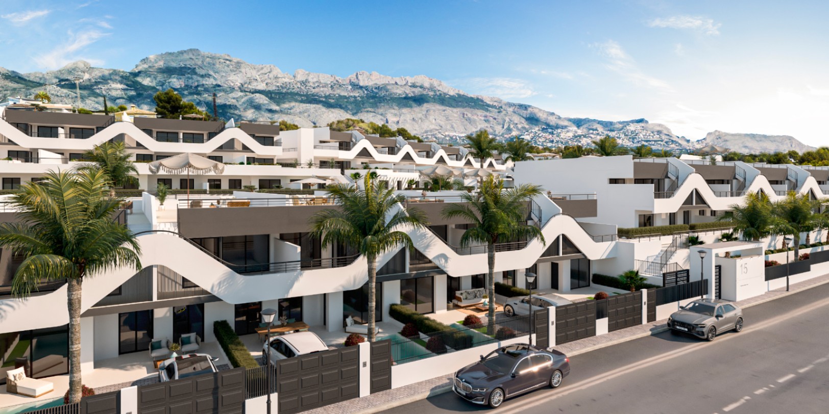 Moderne woningen tussen de zee en de bergen.