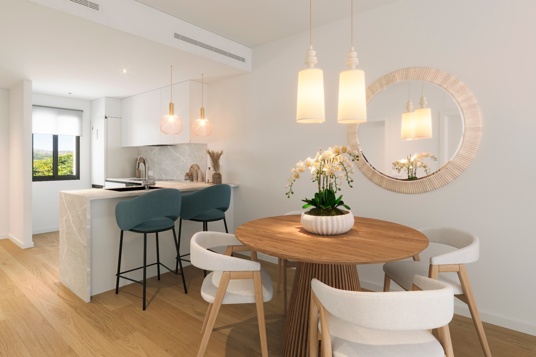 Moderne woningen tussen de zee en de bergen.