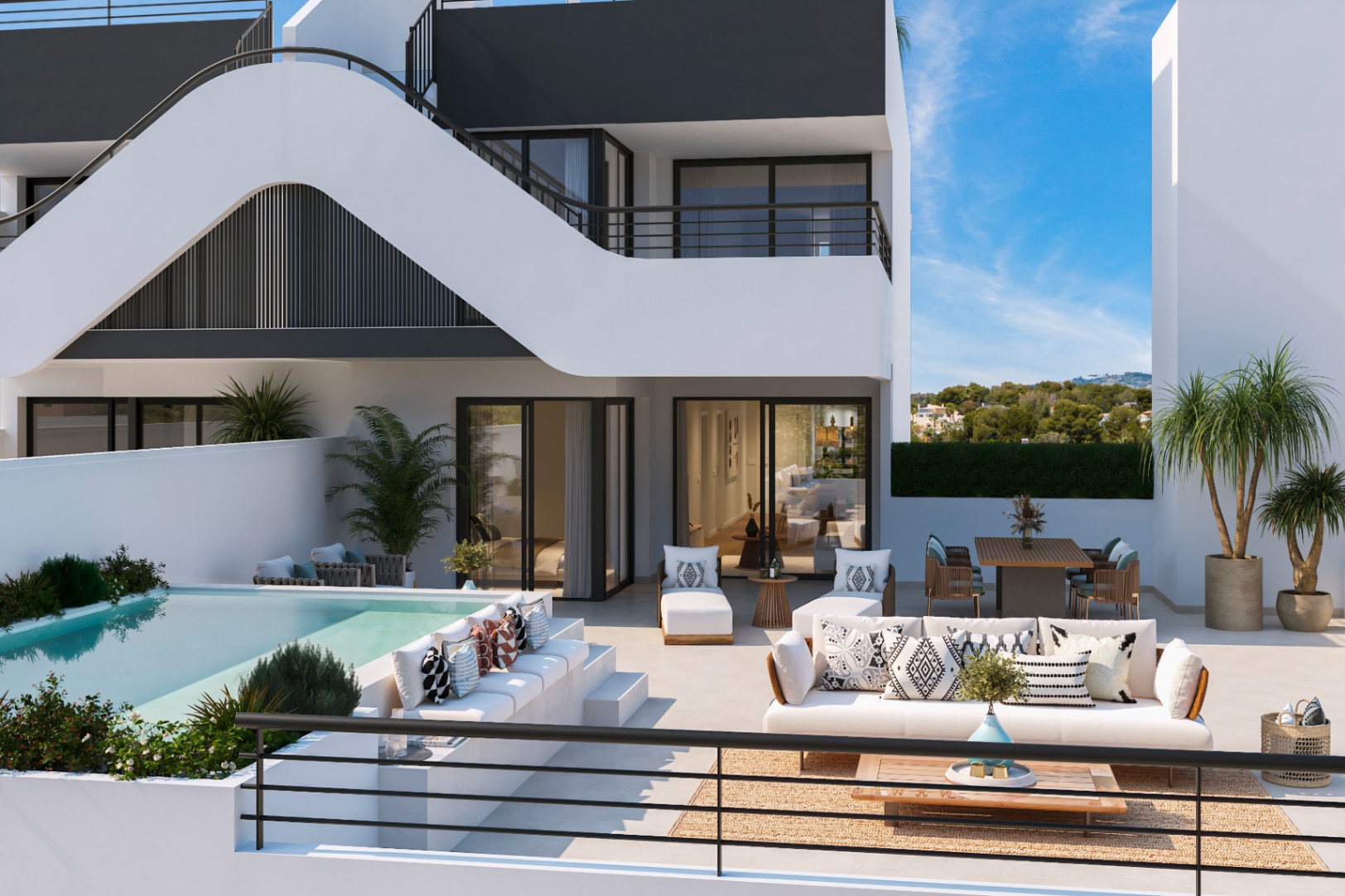Moderne woningen tussen de zee en de bergen.