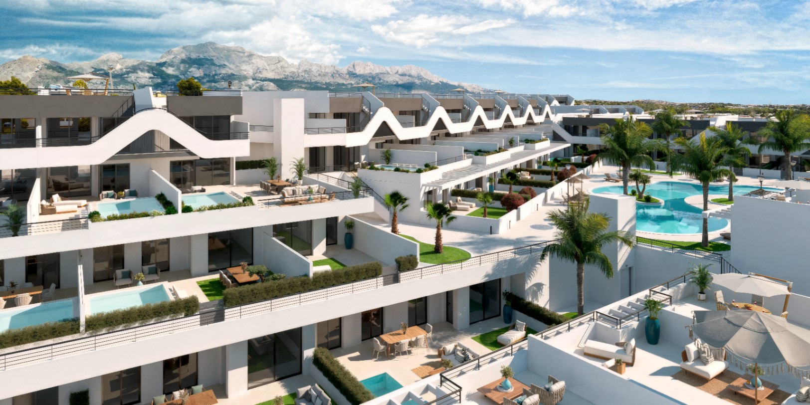 Moderne woningen tussen de zee en de bergen.