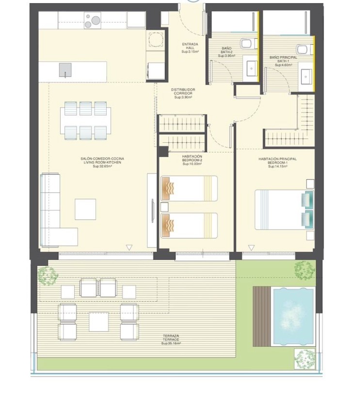 Elegante apartamento con vistas al mar.