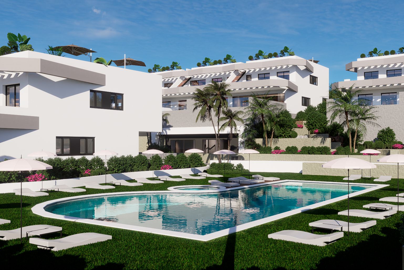Bungalows met 2 en 3 slaapkamers in Finestrat met uitzicht op zee. Oplevering eind 2027.