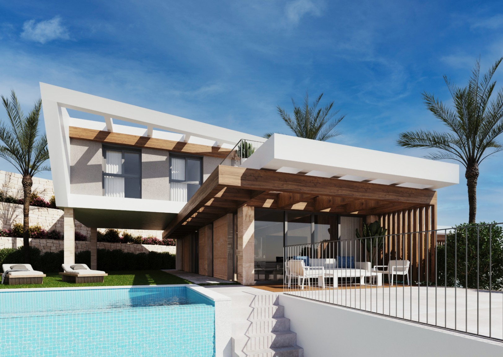Chalets de 2 et 3 chambres de un ou deux étages avec vue sur la mer.