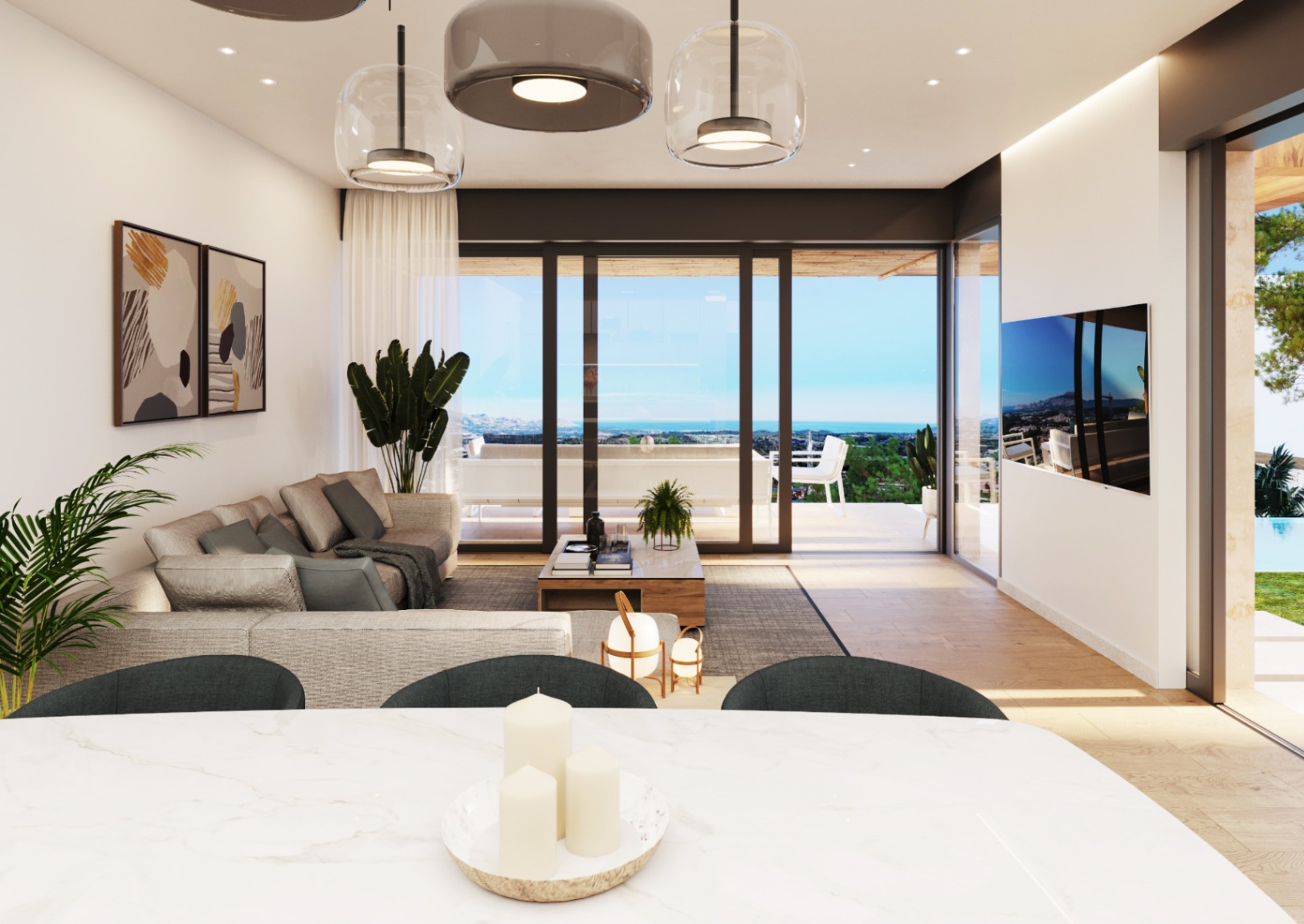 Chalets de 2 et 3 chambres de un ou deux étages avec vue sur la mer.
