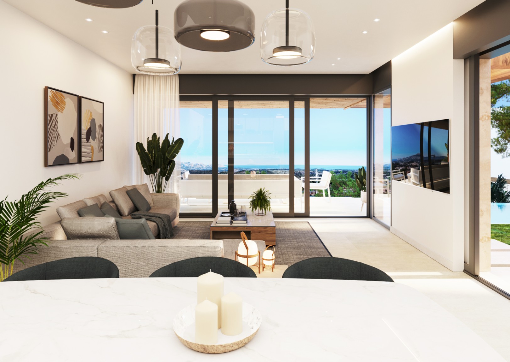 Chalets de 2 et 3 chambres de un ou deux étages avec vue sur la mer.