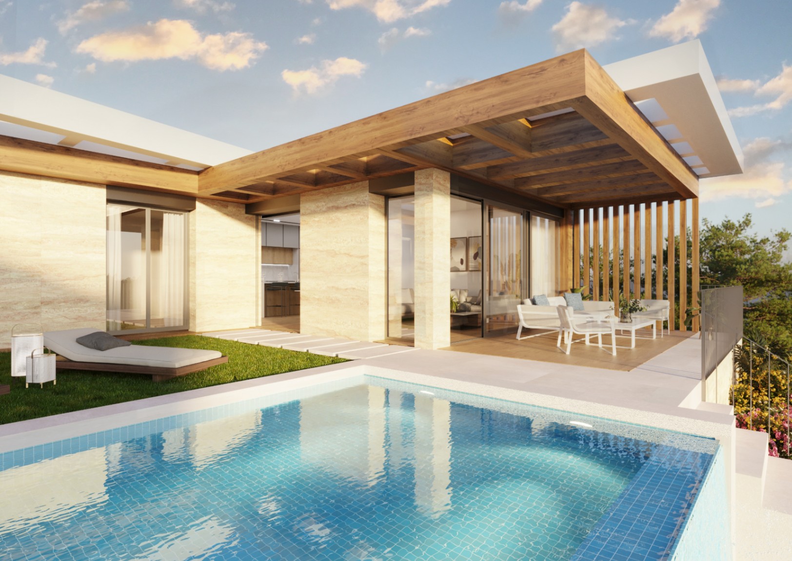 Chalets de 2 et 3 chambres de un ou deux étages avec vue sur la mer.