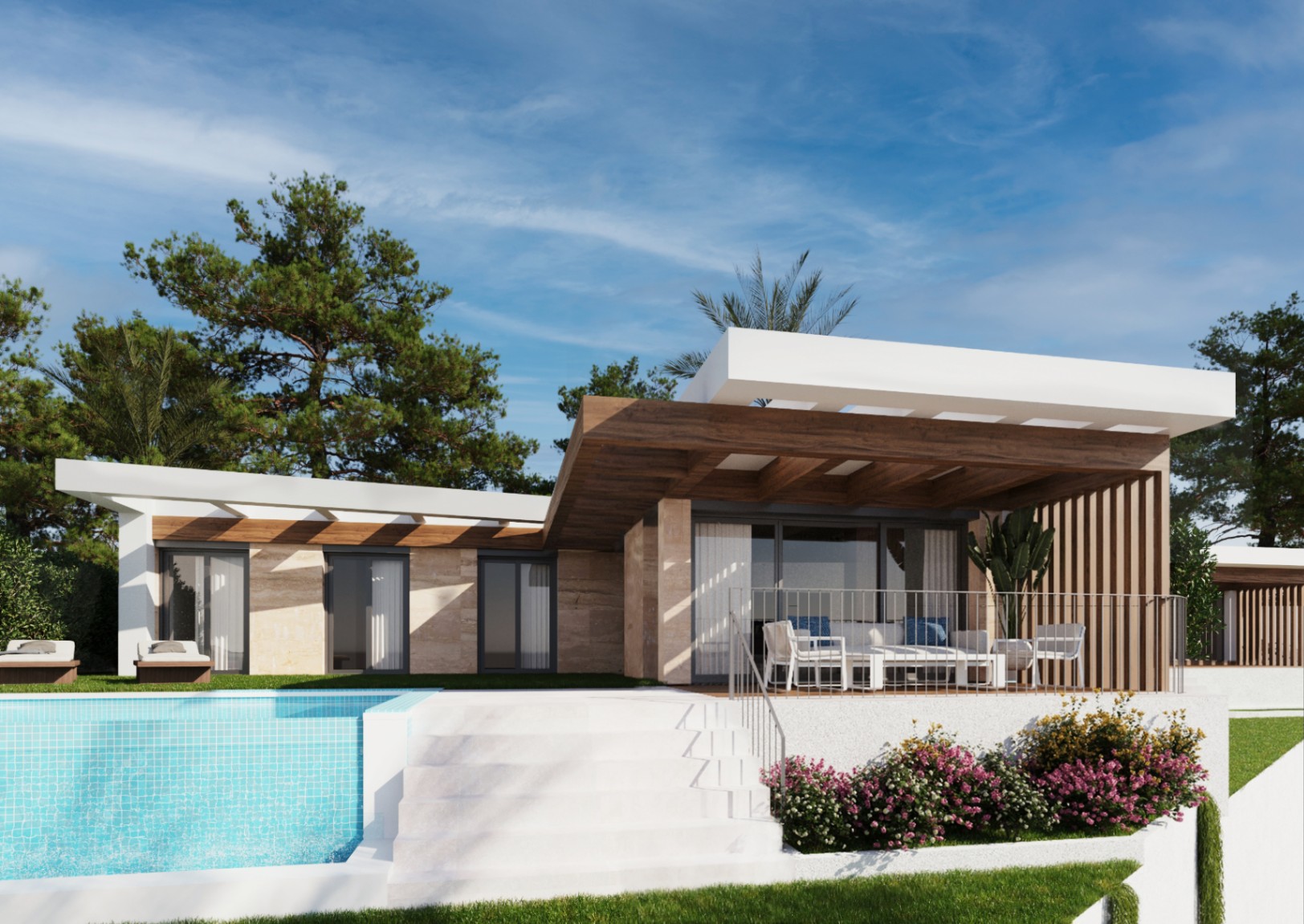 Chalets de 2 et 3 chambres de un ou deux étages avec vue sur la mer.