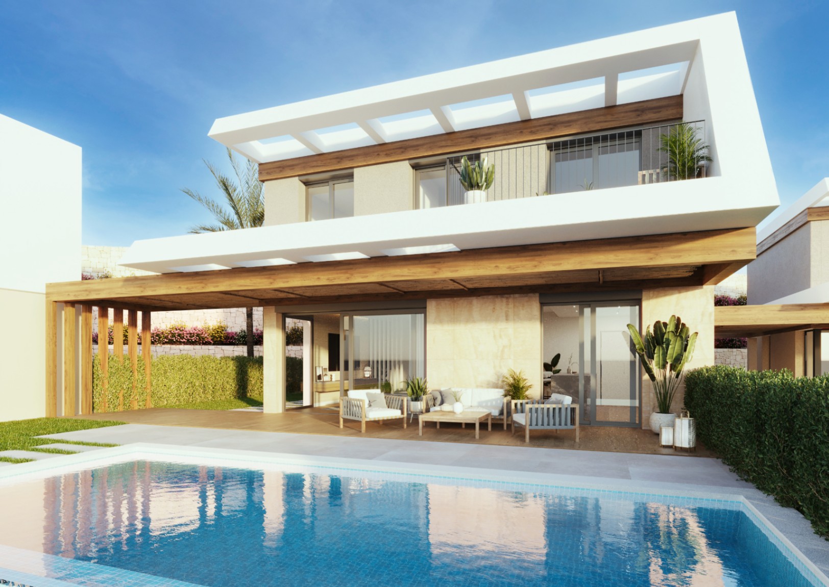 Chalets de 2 et 3 chambres de un ou deux étages avec vue sur la mer.
