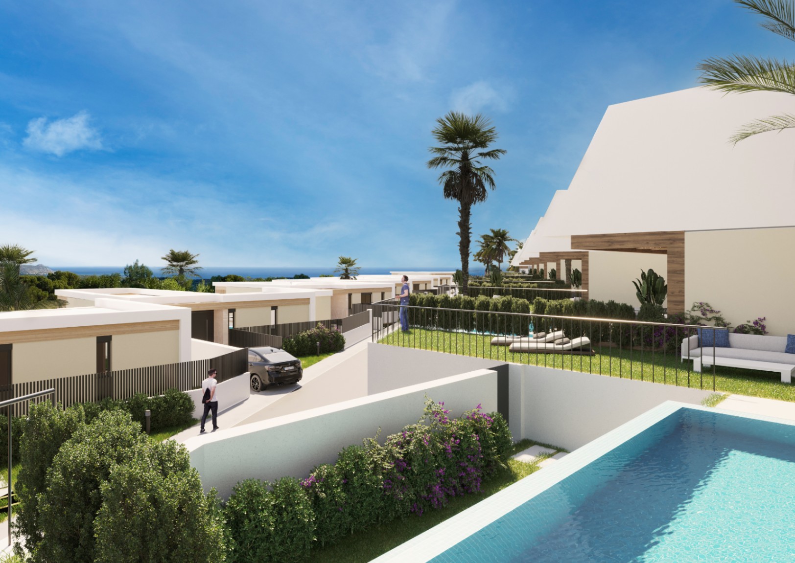 Chalets de 2 et 3 chambres de un ou deux étages avec vue sur la mer.
